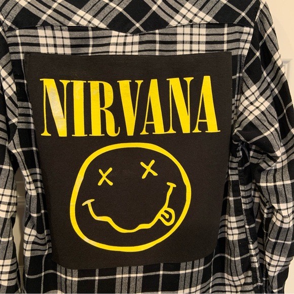 Custom made Nirvana graphic on Black and White Flannel Pearl Snap Shirt Sz S - Picture 4 of 7